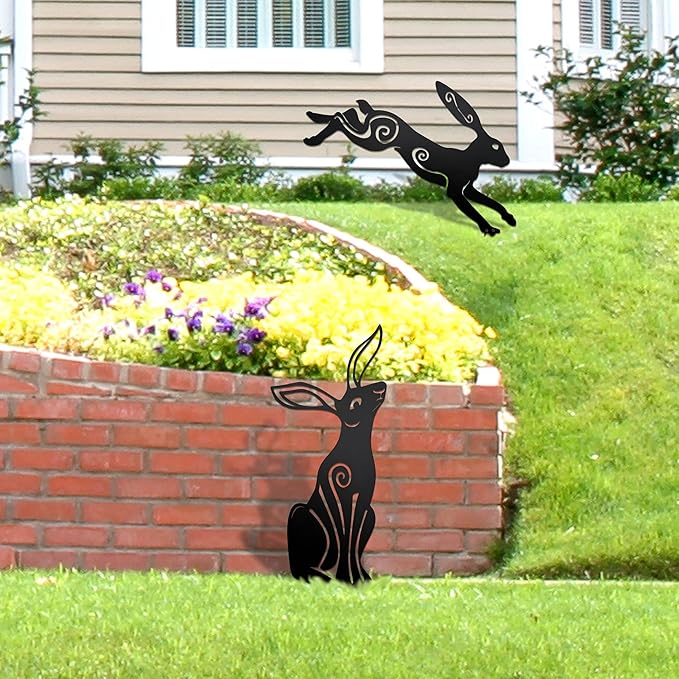 Rustic Metal Bunny Garden Statues – Set of 2 Outdoor Moon Rabbit Decor with Swirling Motifs Bunny Garden Decor Outdoor Sculpture | Metal Easter Yard Art for Patio, Lawn & Easter Gifts