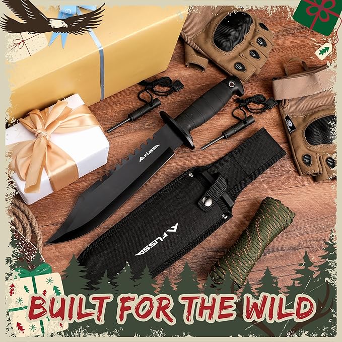 FLISSA Survival Hunting Knife with Sheath, 15-inch Full Tang Fixed Blade Tactical Bowie Knife with Sharpener & Fire Starter for Camping, Outdoor, Bushcraft