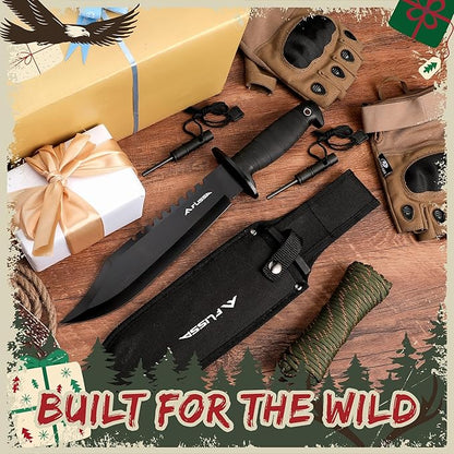 FLISSA Survival Hunting Knife with Sheath, 15-inch Full Tang Fixed Blade Tactical Bowie Knife with Sharpener & Fire Starter for Camping, Outdoor, Bushcraft