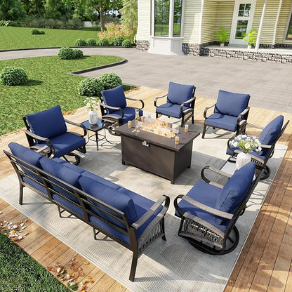 10 Pieces Modern Patio Furniture Set, All Weather Metal Outdoor Conversation Sets with Fire Pit Table for Backyard Garden Deck Porch Poolside, Blue
