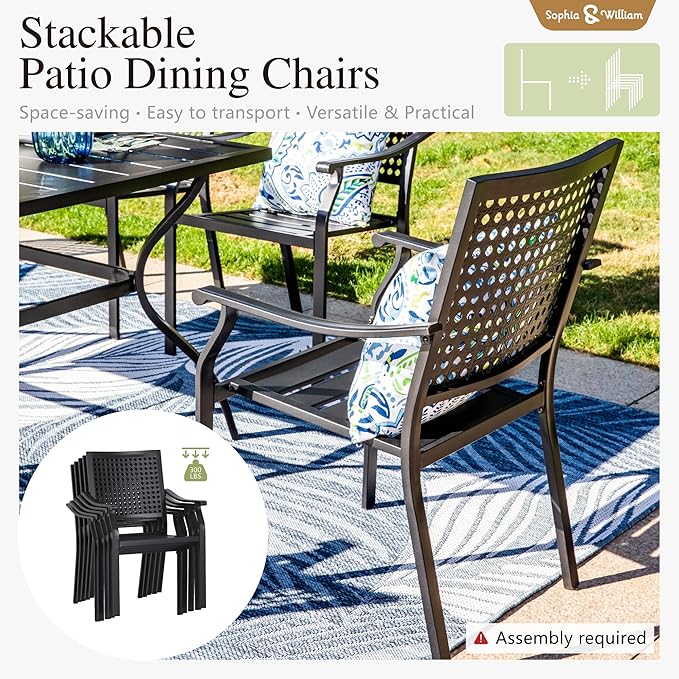 Sophia & William 7 Piece Metal Outdoor Patio Dining Bistro Sets with Umbrella Hole, 60" x 37.8" Rectangle Patio Table and 6 Backyard Garden Outdoor Chairs