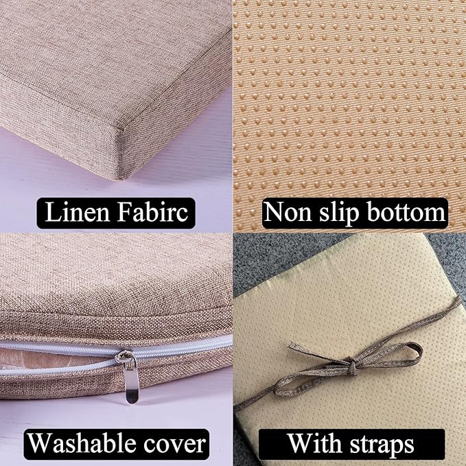 32 x 12 Inches Piano Bench Cushions for Indoor Furniture with Ties Non Slip Kitchen Dining Room Bench seat Cushion for Shoe Storage Ottoman Window Settee Pad, Khaki