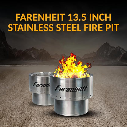 Farenheit 13.5" Stainless Steel Smokeless Fire Pit | Portable Outdoor Wood Burning Firepit for Backyard, Camping, Patio & Deck | Compact Low Smoke Design
