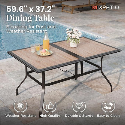 7 Pieces Patio Table and Chairs Set, Outdoor Dining Furniture Set for 6, 6 Red Textilene Chairs and 61" Wood-Like Table Top with Umbrella Hole, for Deck Backyard Lawn