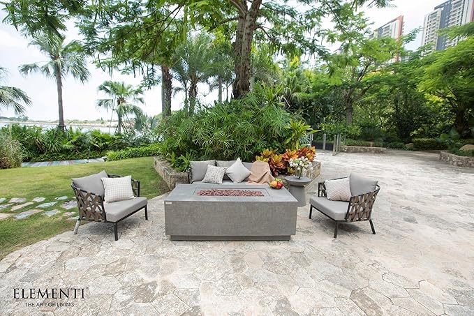 ELEMENTI Andes Propane Gas Fire Pit Table | Rectangular Concrete Fireplace with Concealed Propane Tank Storage Drawer | Electronic Ignition | Light Gray