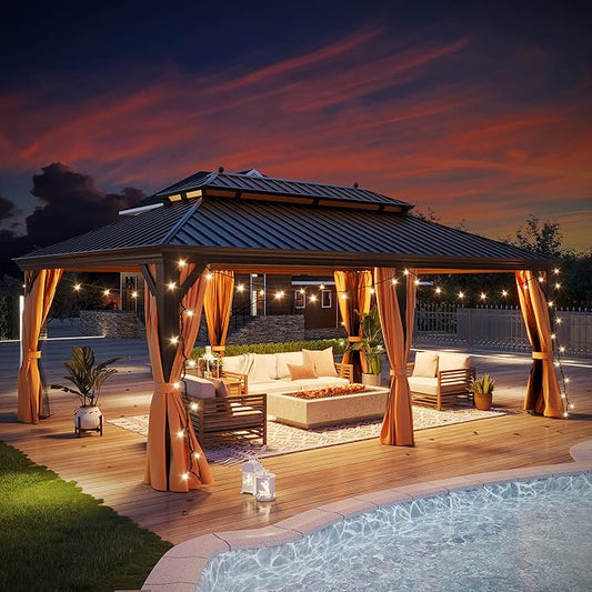 14' X 20' Hardtop Gazebo, Outdoor Galvanized Steel Double Roof Permanent Aluminum Frame Pavilion Pergola Canopy with Privacy Curtains for Garden, Patio, Backyard, Deck and Lawns.