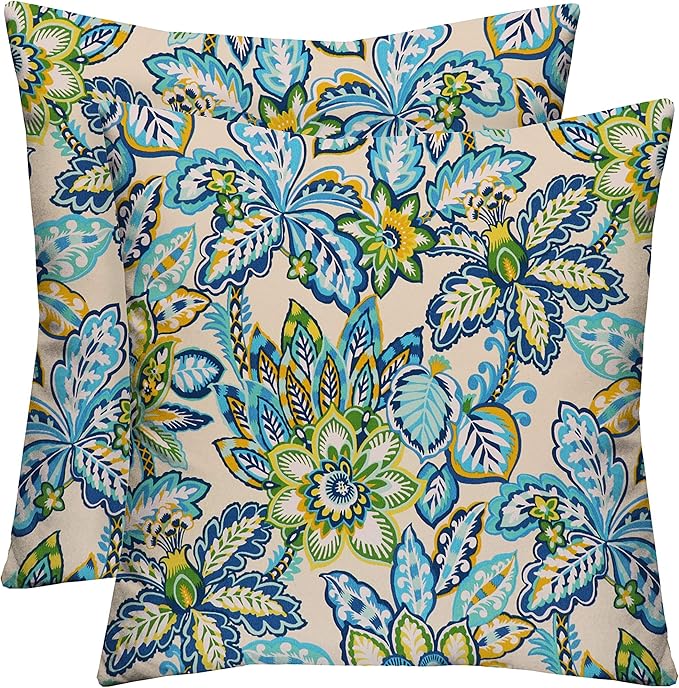 RSH DECOR: Square Throw Pillows Set of 2 | 20” x 20” | All-Weather Spun Fabric | Water and Fade-Resistant | Outdoor Accent Pillows for Patio Furniture | Copeland Caribe Blue Floral