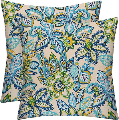RSH DECOR: Square Throw Pillows Set of 2 | 20” x 20” | All-Weather Spun Fabric | Water and Fade-Resistant | Outdoor Accent Pillows for Patio Furniture | Copeland Caribe Blue Floral