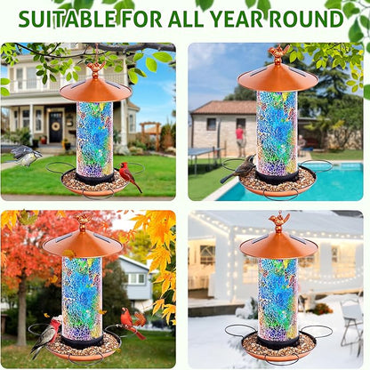 XDW-GIFTS Mosaic Solar Bird Feeder, Waterproof Lantern Shape with Hook & 4 LED Lights, Garden Decor for Lawn, Patio, Balcony, Yard Ornament - Unique Gifts for Mom,Women,Grandma,Bird Lovers