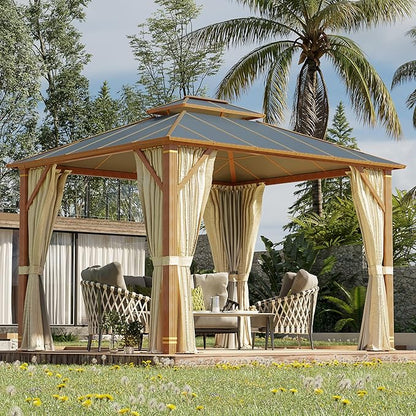 MELLCOM 10x12FT Hardtop Gazebo, Wooden Finish Coated Aluminum Patio Gazebo with Aluminum Composite Double Roof for Patio Lawn and Garden, Curtains and Netting Included