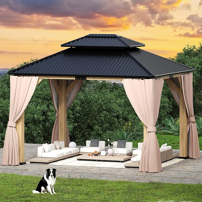 13'x 15' Outdoor Wooden Gazebo, Patio Hardtop Gazebos with Double Roof, Double Galvanized Steel Hardtop Roof Wood Frame with Netting and Curtains (13'x 15')