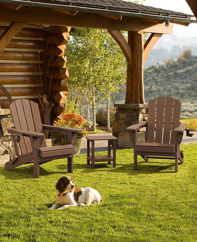 SERWALL Folding Adirondack Chair Set of 4, Reclining Adirondack Chair with 3 Recline Positions, All Weather HDPE Outdoor Adirondack, Brown