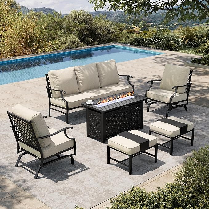 HERA'S HOUSE 6 Pieces Patio Furniture Set with Fire Pit Table, 2 x Rocking Chair, 2 x Ottoman, 3-Seat Sofa with 45" Fire Pit Table, Outdoor Conversation Set for Garden, Poolside, Backyard