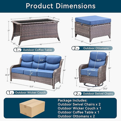 Luxury High Back Outdoor Furniture with 6-Inch Thick Cushions, Patio Furniture Set with Swivel Chairs, 6 PCS Wicker Conversation Set for Porch, Balcony, Deck and Yard