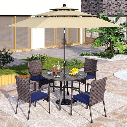 PHI VILLA 5 Pieces Outdoor Dining Set with Umbrella for 4, Round Metal Iron Dining Table & Wicker Chairs with Cushions & Large Beige Umbrella, Morden Dining Furniture for Patio, Deck, Yard, Porch