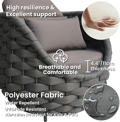 2 Pcs Patio Rope Accent Chair: Aluminum Single Lounge Armchair - Large Woven Chair Cushioned - Modern Arm Chair Assembled for 400lbs Outdoor Lanai Deck Balcony Porch Yard Garden Hotel, Dark Gray