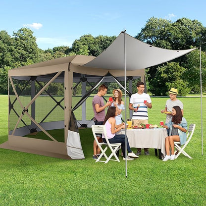 COBIZI 12x12 Pop up Gazebo Screen House Tent for Camping, Outdoor Canopy with Removable Roof&Mosquito Netting, Portable Hub with Carrying Bag and Ground Stakes, Khaki
