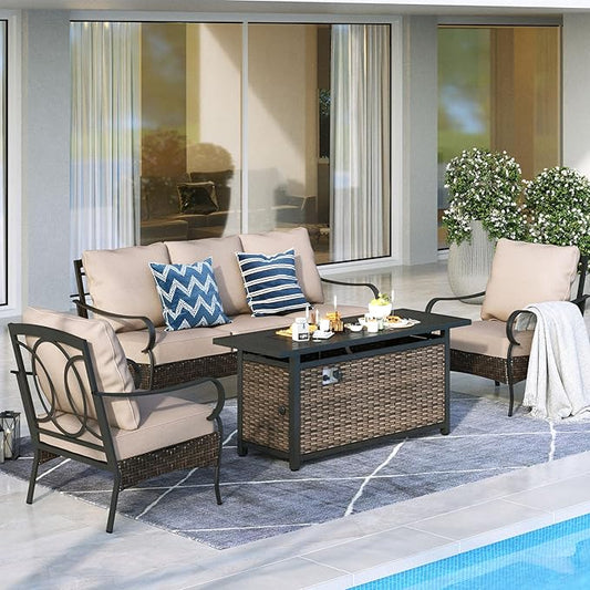 MFSTUDIO Outdoor Patio Furniture Set with 56" Fire Pit Table, 4 PCS Metal Patio Conversation Sets for 5, Patio Sectional Set with High Back 3-Seat Sofa, 2 Fixed Sofa Chairs, 56" Fire Pit Table