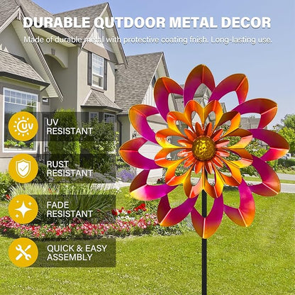 45" Gerbera Wind Spinners for Yard and Garden, Golden Balls Kinetic Wind Spinner Outdoor Decor, Wind Sculpture Yard Art Decorations for Patio, Lawn & Garden