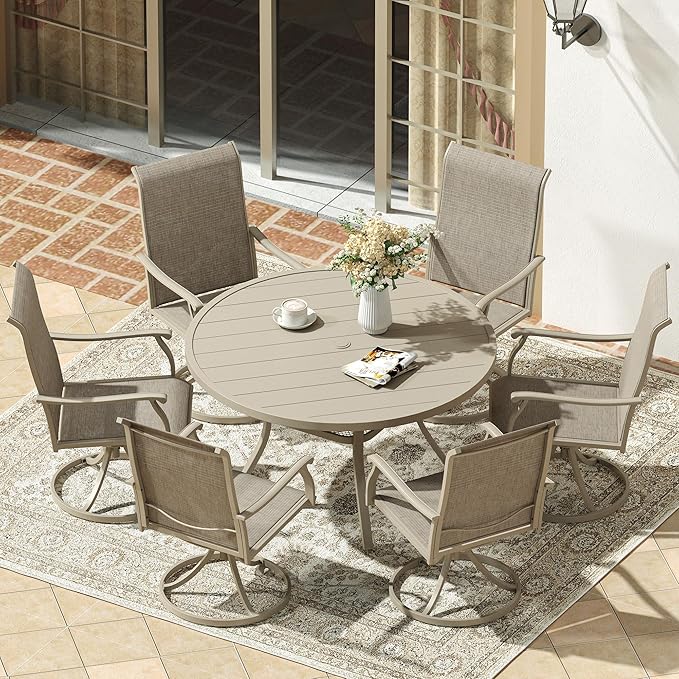 VICLLAX 47.2" Outdoor Round Patio Dining Table for 4-6, All Weather Metal Dining Table with Umbrella Hole for Deck Lawn Garden Backyard, Sandshell
