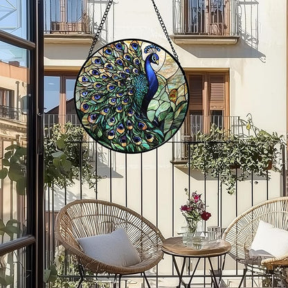 Stained Glass Window Hanging, Blue Green Peacock Decor Suncatcher for Door Garden Home Decoration Bird Sun Catchers Christmas Mother's Day Birthday Gifts for Women Men Mom Nana Friend 9.8 in