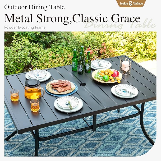 Sophia & William Patio Table and Chairs Set, Outdoor Dining Set for 6, 7 Piece Metal Patio Furniture, 60" Black Rectangular Table(Stripe)