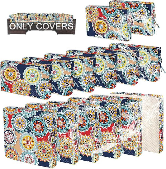 14 PCs Patio Cushion Covers for 7 PCs Outdoor Furniture Sectional Seating Sets Water Resistant Plus 2 Throw Pillows (Mandala, 23.6 * 23.6 * 3.5 in-14)