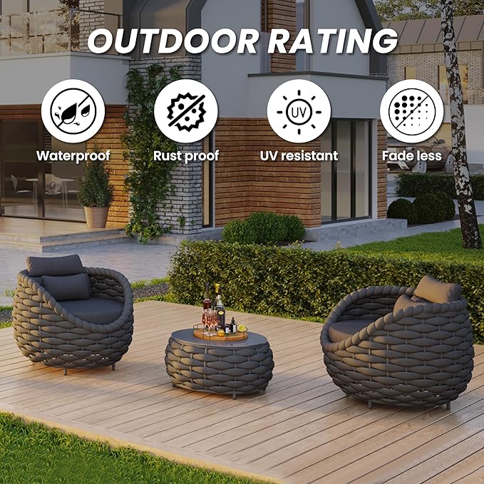 Front Porch Accent Chair: Aluminum Woven Rope Armchair Assembled - Cushioned Patio Single Chair w/Arms Modern - All Weather Balcony Furniture for 400lbs Outdoor Yard Deck Pool Hotel, Dark Gray