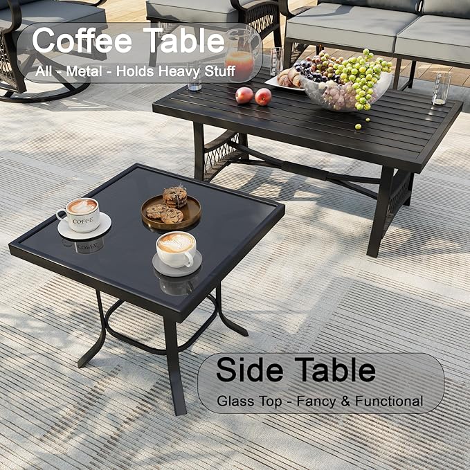 12 Pieces Patio Conversation Sets, All Weather Metal Outdoor Furniture Set, 3-Seater, 4 Swivel Rockers, 2 Single Chairs, 1 Loveseat, 2 Side Tables, 1 Coffee Table, 1 Fire Pit Table for Outside, Gray