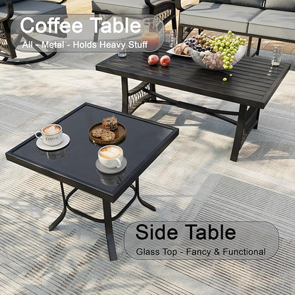 12 Pieces Patio Conversation Sets, All Weather Metal Outdoor Furniture Set, 3-Seater, 4 Swivel Rockers, 2 Single Chairs, 1 Loveseat, 2 Side Tables, 1 Coffee Table, 1 Fire Pit Table for Outside, Gray