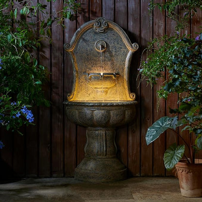 Glitzhome Outdoor Wall Mounted Water Fountain with LED Light and Pump, Antique European Style Multi-Tiered Faux Granite Sculptural Pedestal Outdoor Fountain for Porch Deck Patio Backyard, 49.25" H