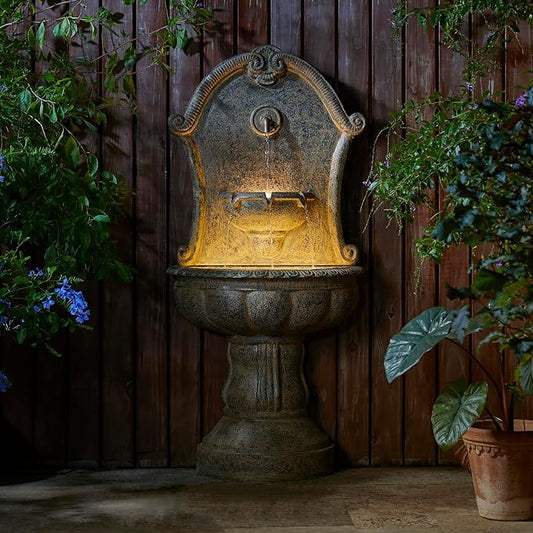 Glitzhome Outdoor Wall Mounted Water Fountain with LED Light and Pump, Antique European Style Multi-Tiered Faux Granite Sculptural Pedestal Outdoor Fountain for Porch Deck Patio Backyard, 49.25" H