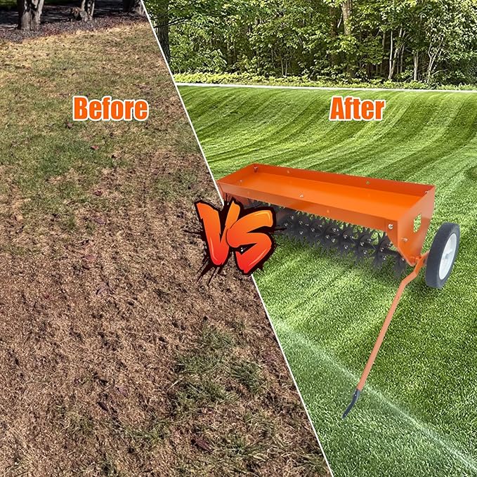 Tow Behind Aerator 40 Inch with Steel Teeth and Transport Wheels, Adjustable Handle Pull Behind Plug Aerator with Tray for Farm Lawn Garden, Durable Lawn Aeration Tool