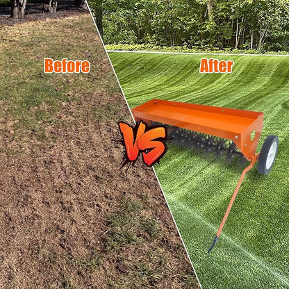 Tow Behind Aerator 40 Inch with Steel Teeth and Transport Wheels, Adjustable Handle Pull Behind Plug Aerator with Tray for Farm Lawn Garden, Durable Lawn Aeration Tool