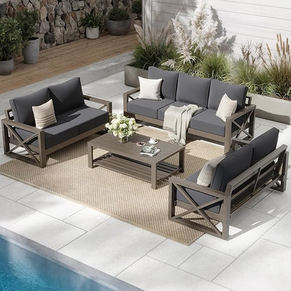 UDPATIO 4 Piece Faux Wood Aluminum Patio Furniture Set 7 Seats Modern Outdoor Furniture Patio Conversation Sets with Coffee Table for Balcony, Backyard, 600D Waterproof Cover Included, Dark Grey