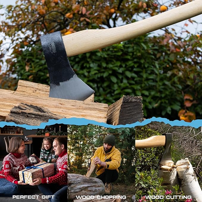 Prandi Axes Professional C45 Forged Carbon Steel Hatchet - Hickory Handle with Leather String - Ideal for Firewood, Splitting, and Chopping - 31.5" L x 8.58" W, 1600g Head 3.035.16.TH - No Sheath