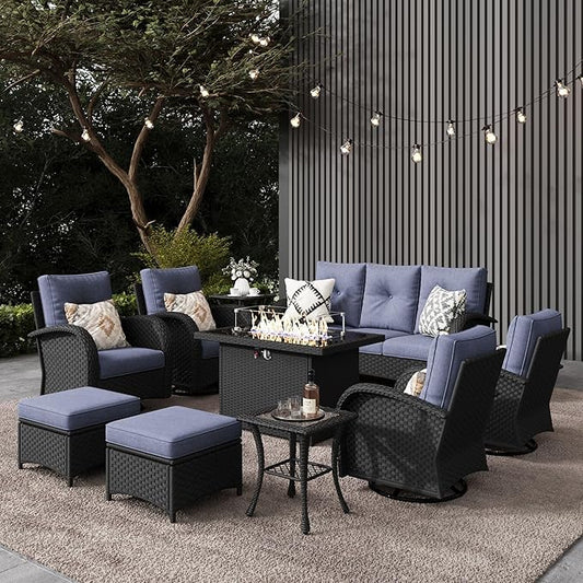 LayinSun 10 Pieces Outdoor Patio Furniture Set with Fire Pit Table, Rattan Wicker Sectional Swivel Rocker Chairs Sets