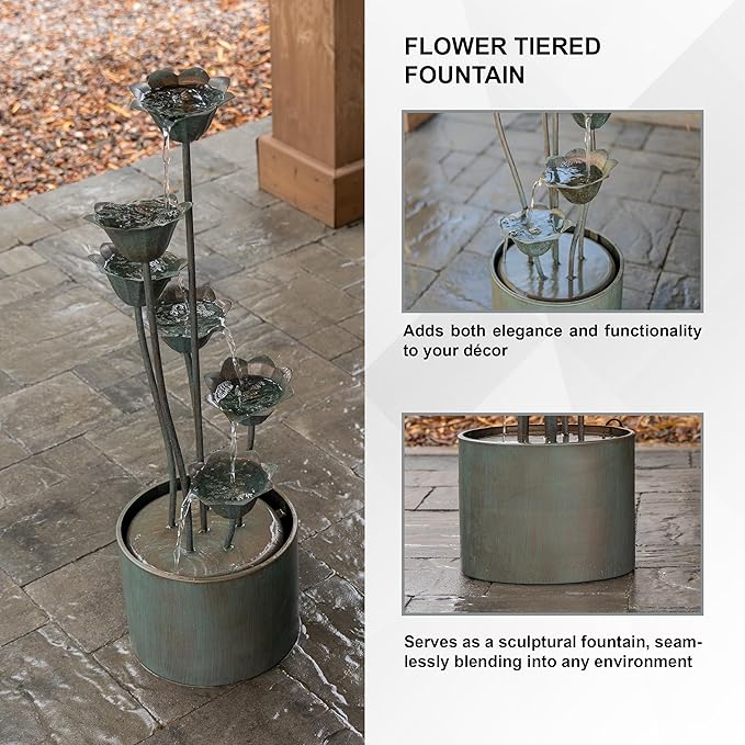 XBrand Metal Sculptural Multi-Tiered Flower Water Fountain, Bronze, 46" Tall