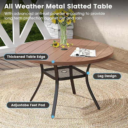 DIFY 5 Pieces Outdoor Patio Dining Set, 4 Brown Textilene Swivel Dining Chairs and 40.6" Walnut Round Dining Table, Metal Outdoor Table and Chairs