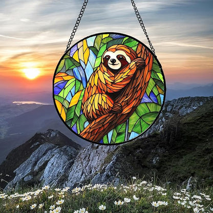 Stained Glass Window Hanging - Funny Sloth Suncatcher for Doors Garden Patio Cute Sun Catchers Decor Christmas Mother's Day Birthday Teenager Gifts for Women Men Mom Nana Friend 7.8 in