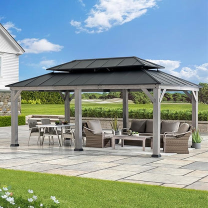 SUNJOY 12 x 20 ft. Wood Gazebo with 2-Tier Aluminum Roof, Outdoor Patio Cedar Framed Hardtop Gazebo with 2-Tier Roof, Suitable for Patios, Lawn and Backyard, Matte Black Roof + Gray Wood Frame
