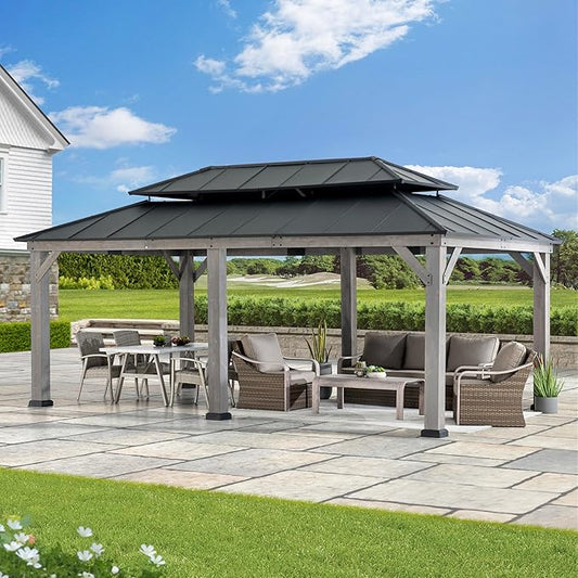 SUNJOY 12 x 20 ft. Wood Gazebo with 2-Tier Aluminum Roof, Outdoor Patio Cedar Framed Hardtop Gazebo with 2-Tier Roof, Suitable for Patios, Lawn and Backyard, Matte Black Roof + Gray Wood Frame