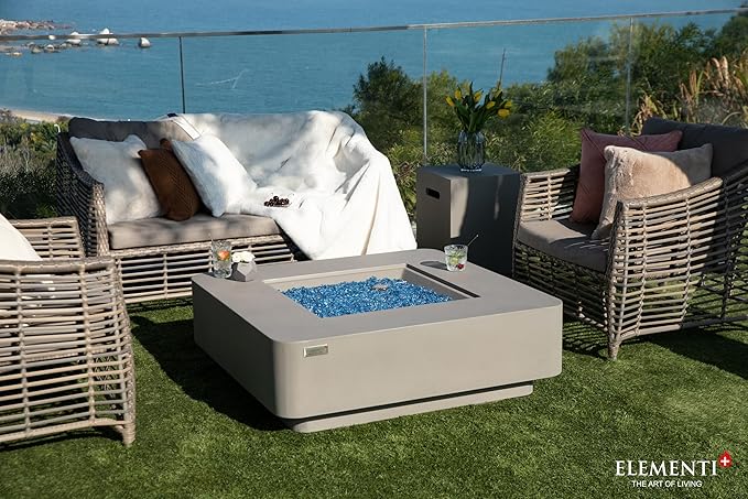 Elementi+ | Bundle Lucerne Gas Fire Pit Cast Concrete 42" Square Fire Table, Outdoor Fire Pit Electronic Ignition | Canvas Cover, Fire Glass and Burner Lid Included | Light Gray | Natural Gas
