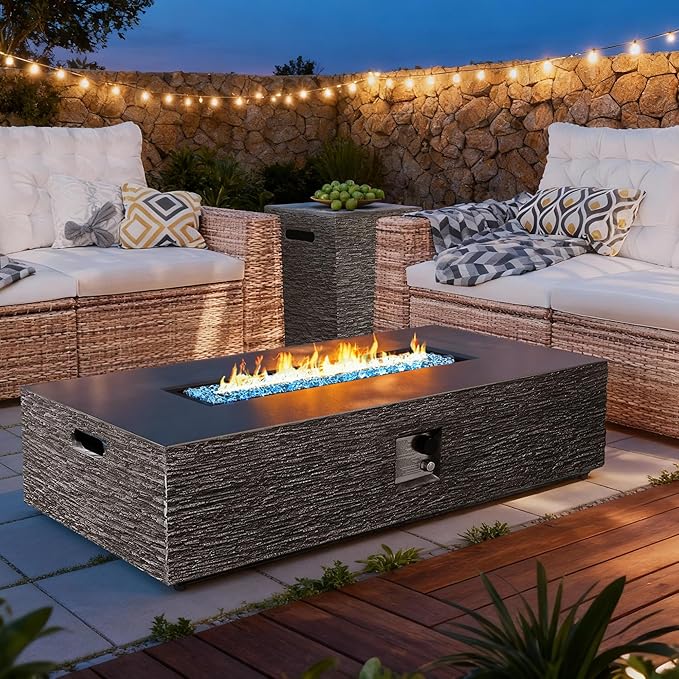UPHA 56-inch Outdoor Propane Gas Fire Pit Table 50000 BTU Concrete Rectangle FirePit for Outside Patio with Wind Guad, Blue Glass Rocks, Rain Cover, Grey Horizontal Stripe