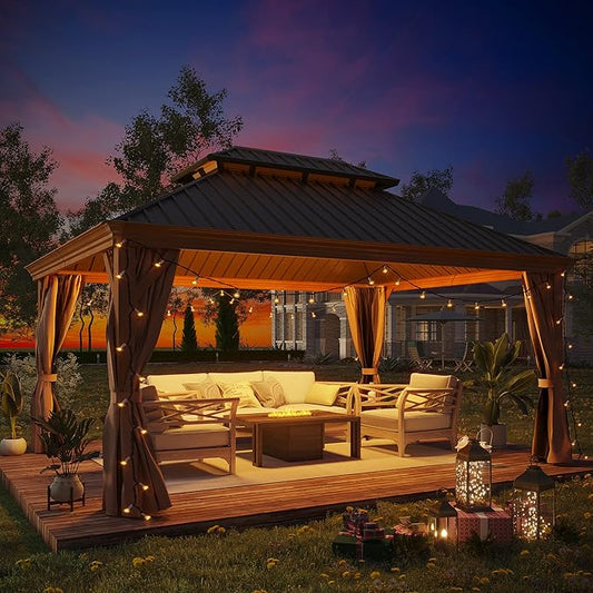 12' X 16' Hardtop Gazebo, Outdoor Aluminum Patio Gazebo Double Roof Galvanized Steel Wooden Finish Coated Canopy with Netting and Curtains for Garden, Patio, Backyard, Deck and Lawns.