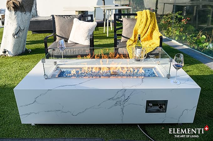 Elementi+ | Carrara Gas Fire Pit | Marble Porcelain & Metal Frame | 60" Rectangular Fire Table | Electronic Ignition | Canvas Cover, Fire Glass & Burner Lid Included | White | Natural Gas