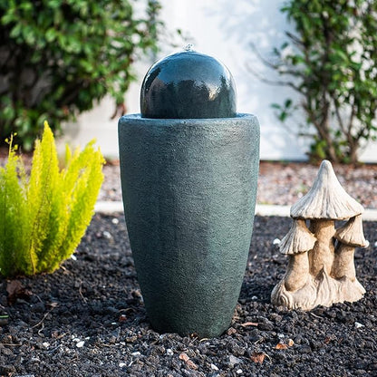 XBrand 25.98" H Dark Green Round Stone Indoor/Outdoor Modern Sphere Water Fountain w/LED Lights – Ball Bubbling Fountain Décor for Garden, Patio, or Tabletop