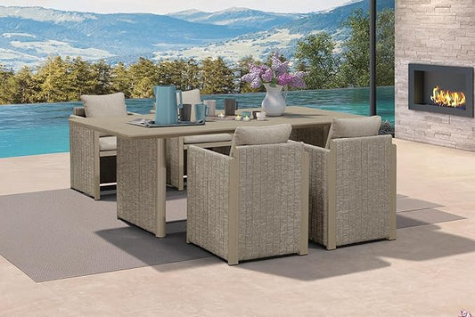 PURPLE LEAF 5 Pieces Patio Dining Set All-Weather Modern Outdoor Rectangular Aluminum Dining Table and Chairs Outdoor Furniture with Olefin Cushions Pillows for Garden Backyard Kitchen Beige