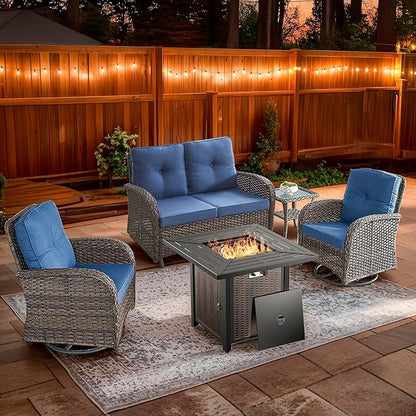 5 Piece Patio Furniture Set with Fire Pit Table - Wicker Patio Conversation Set with Swivel Glider, Glider Loveseat, Tempered Glass Side Table for Deck Backyard - Brown Wicker Blue Cushion