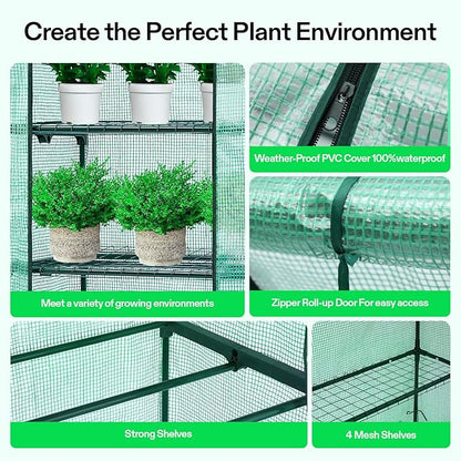 VIVOSUN Mini 4-Tier Greenhouse with Wheels, 27 x 19 x 63-Inch Reusable Portable Warm House with Green PE Cover and Shelf for Compact Garden and Small Backyards, with Wheels